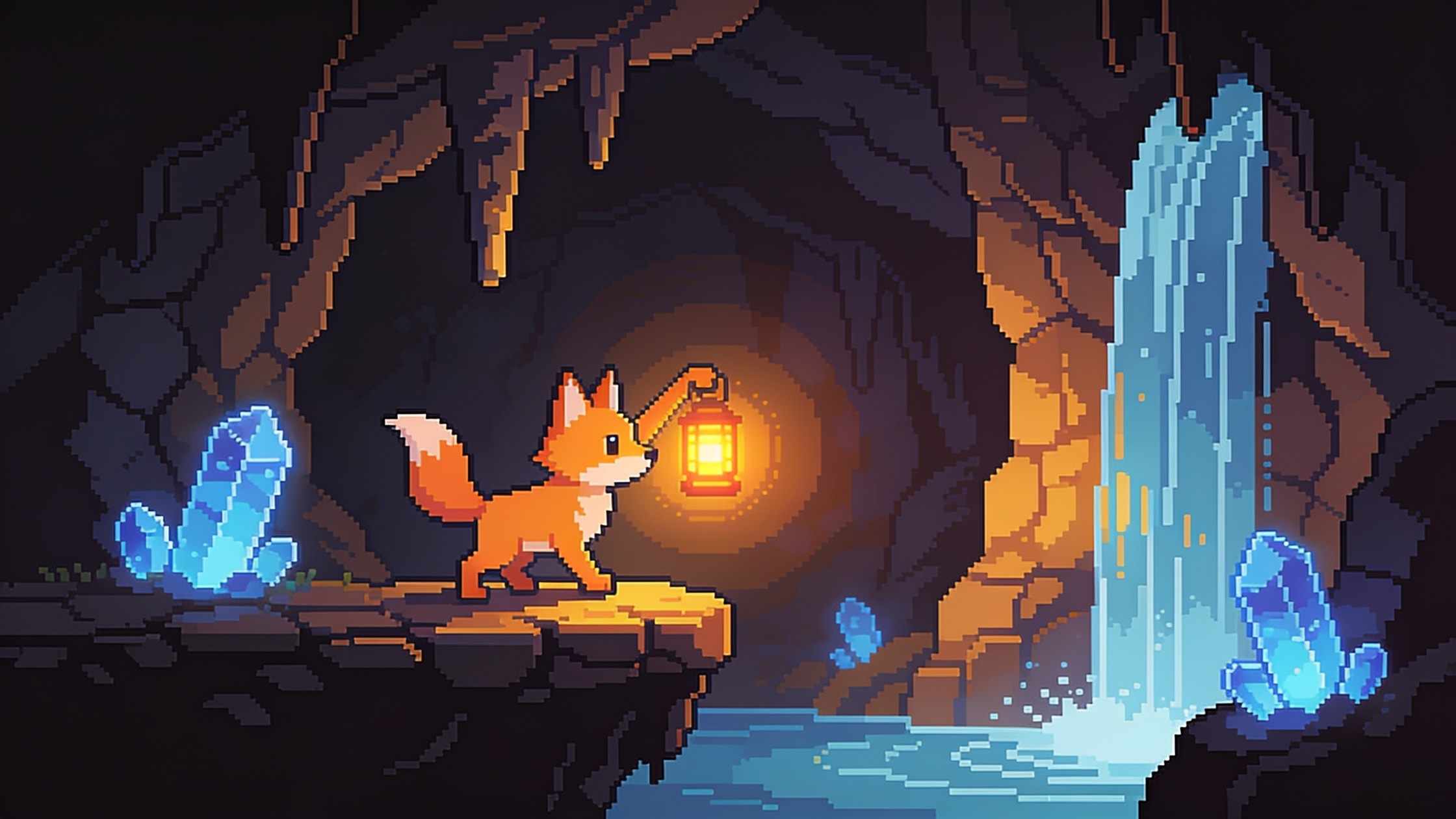 Dark caves lit by the lantern and blue crystals