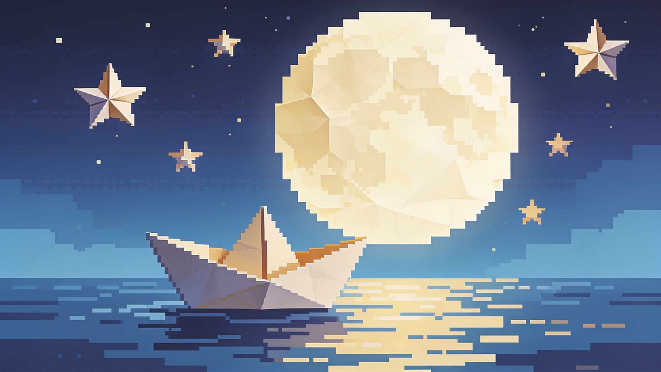Pixel art of a paper boat under a giant paper moon on a calm night sea