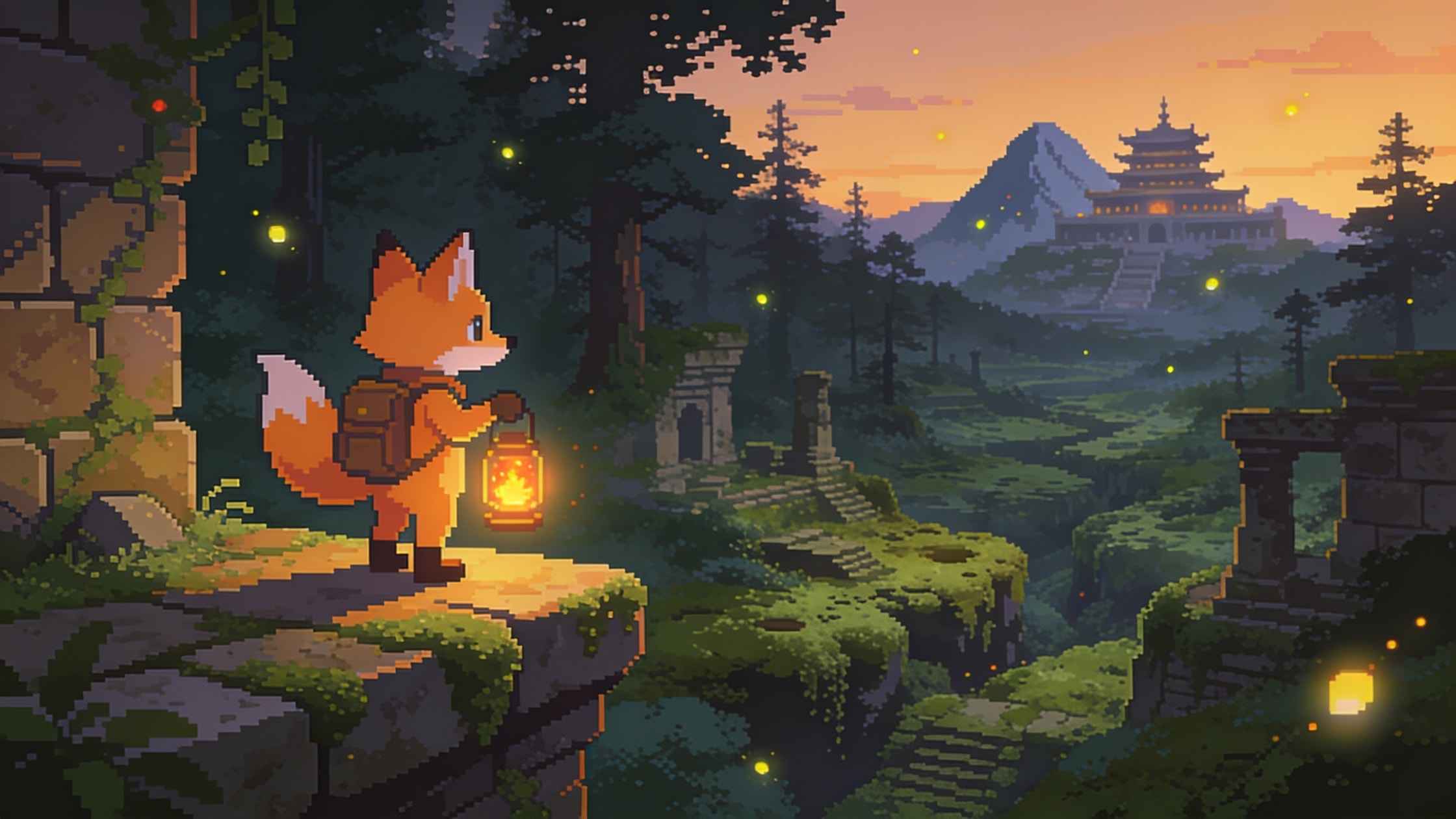 Pixel art of a small fox with a glowing lantern on a mossy ledge above a forest valley at dusk