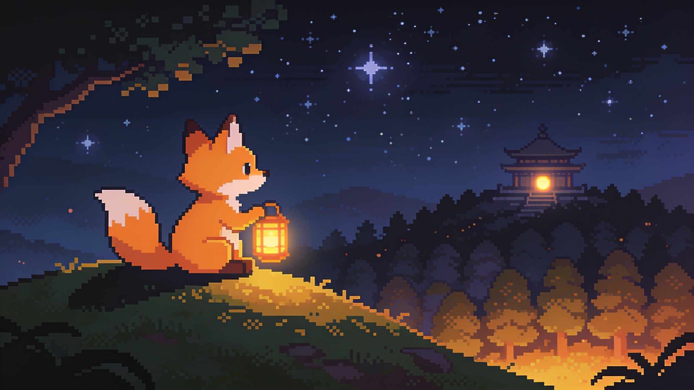 The fox with its lantern on a hill under a starry sky, a sleeping forest below