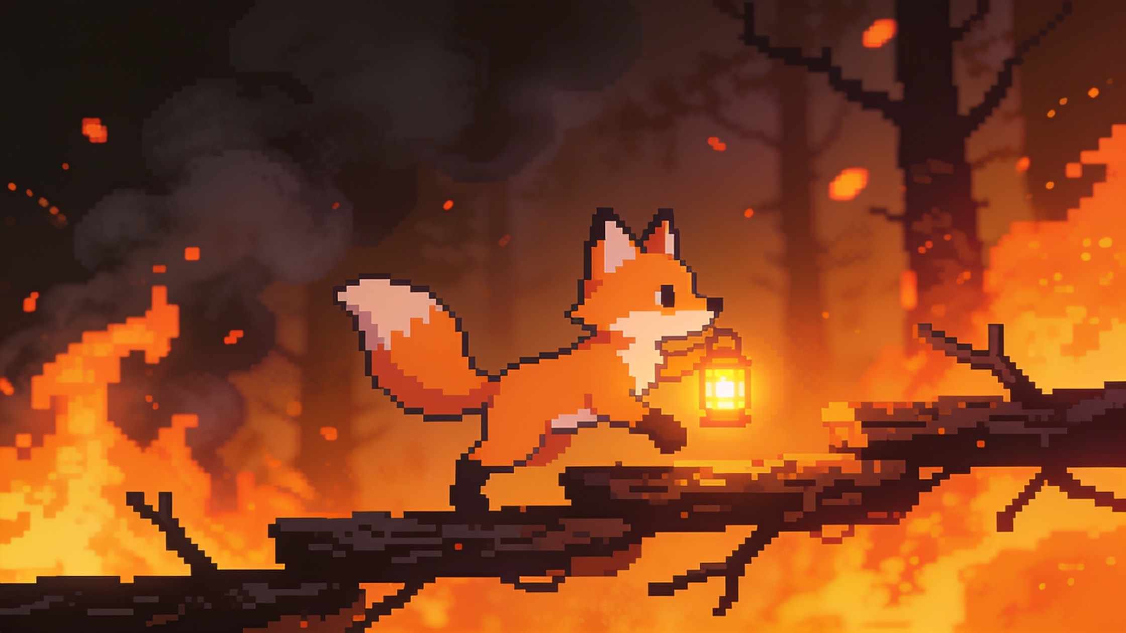 Escaping a burning forest over charred branches