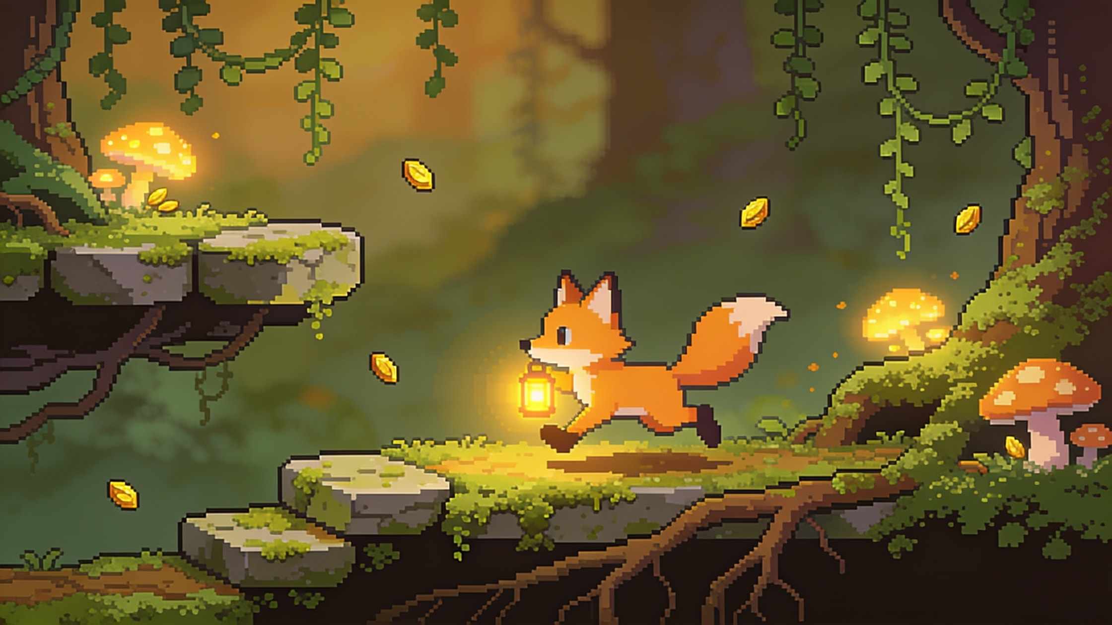 The fox running through a mossy forest past glowing mushrooms