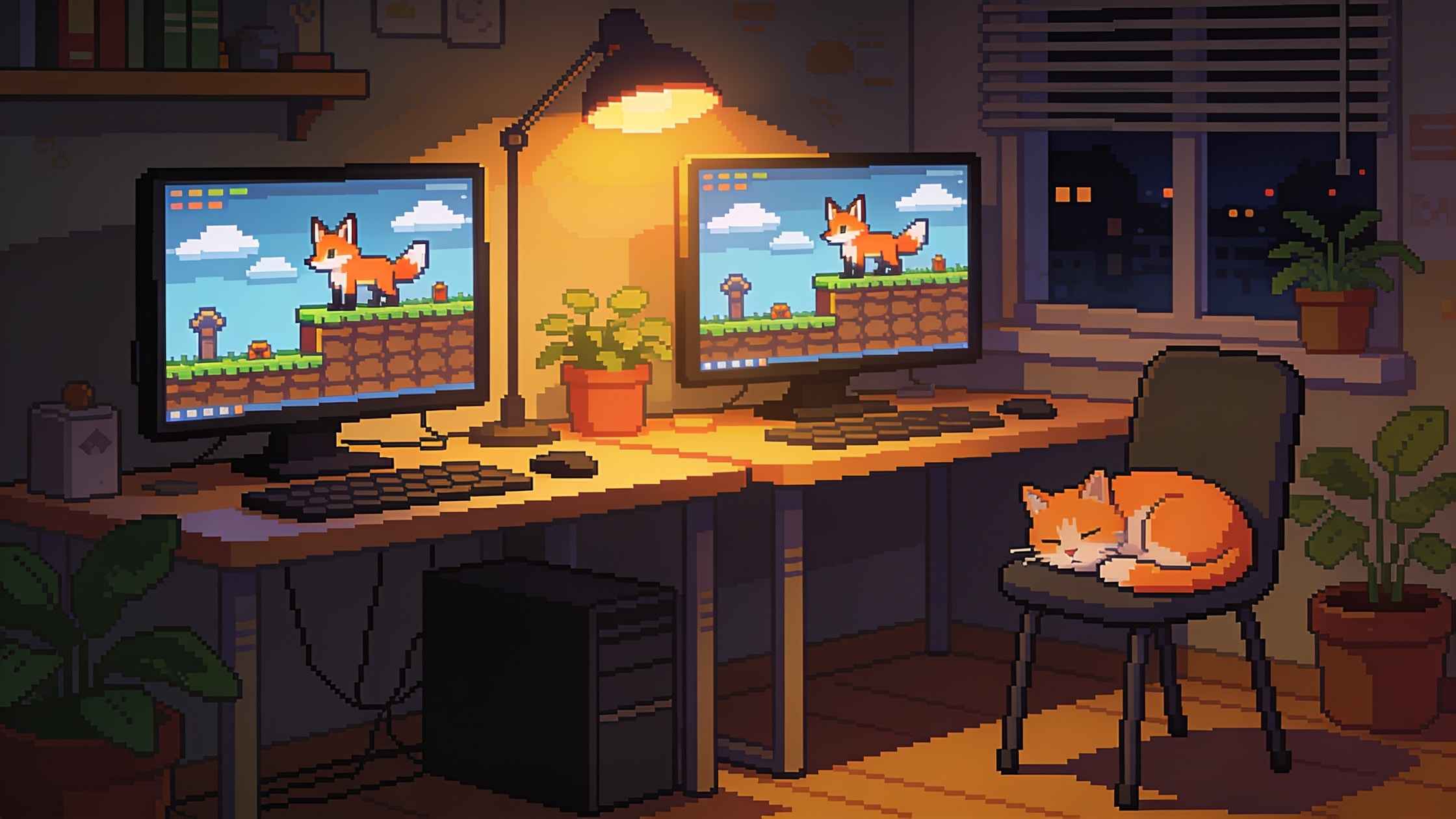 A cozy studio at night with a fox game on the monitors and a cat asleep on a chair