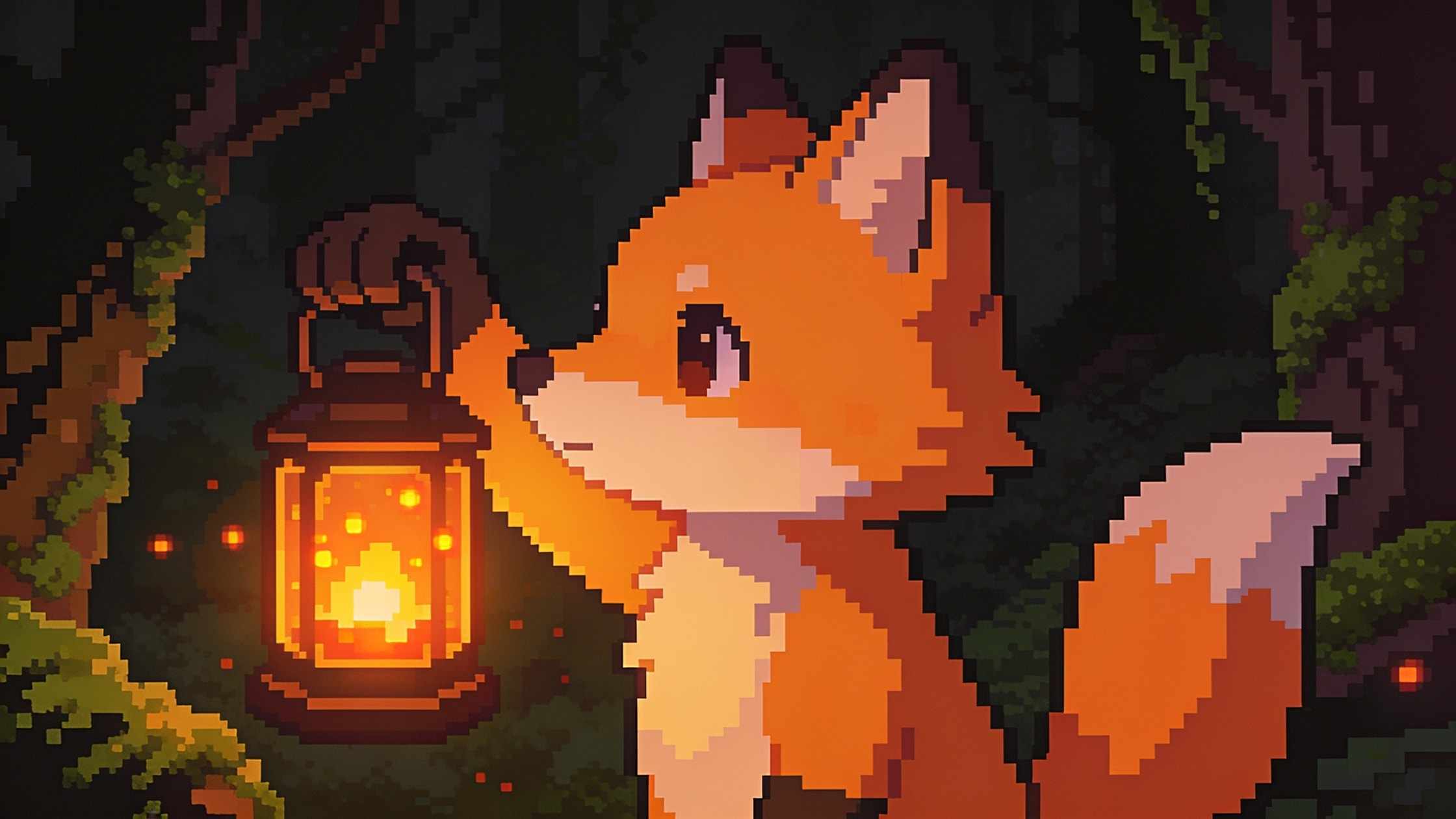 The fox holding a lantern whose ember is dimming in a dark forest