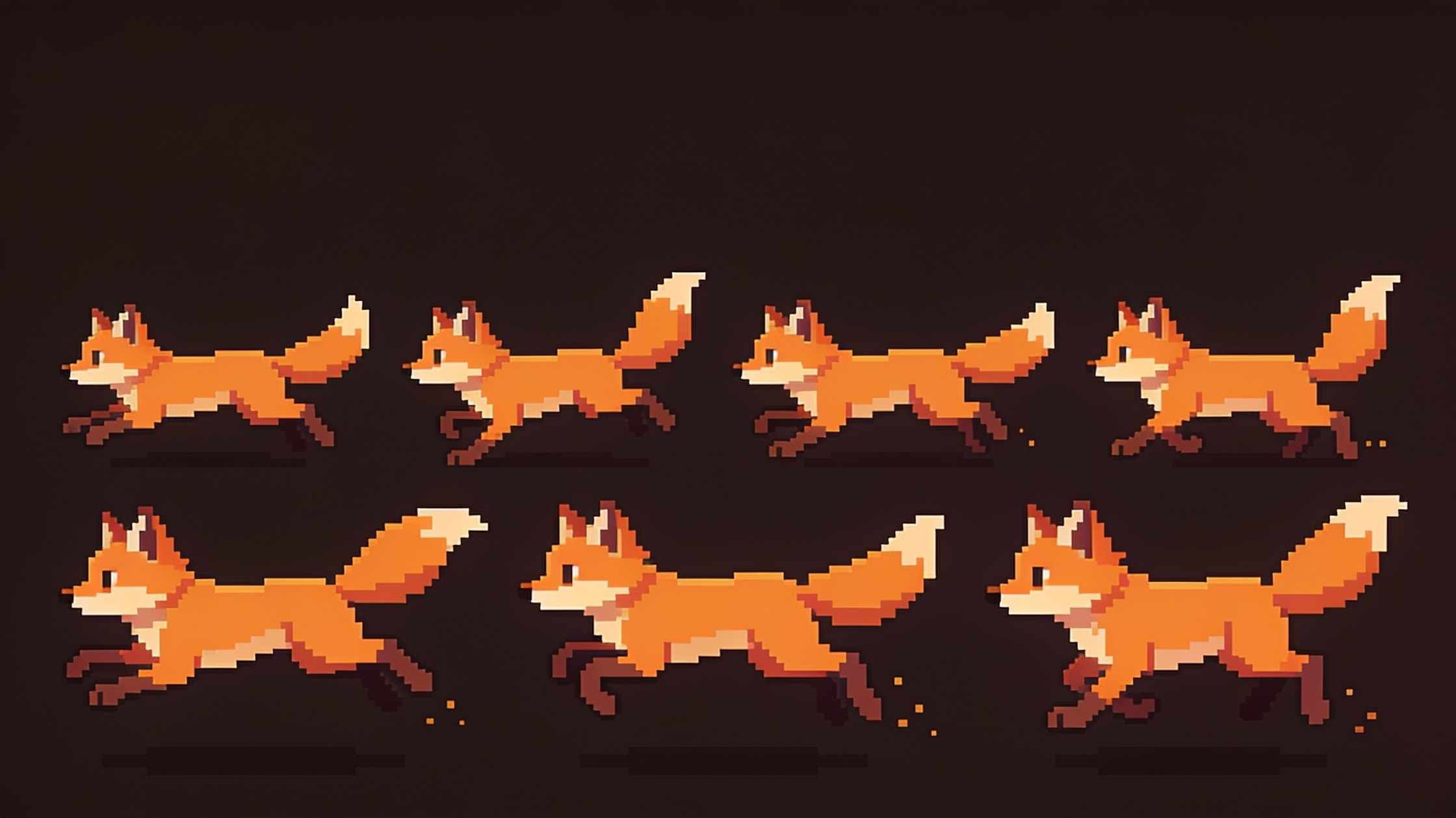 Several animation frames of the pixel fox running and jumping