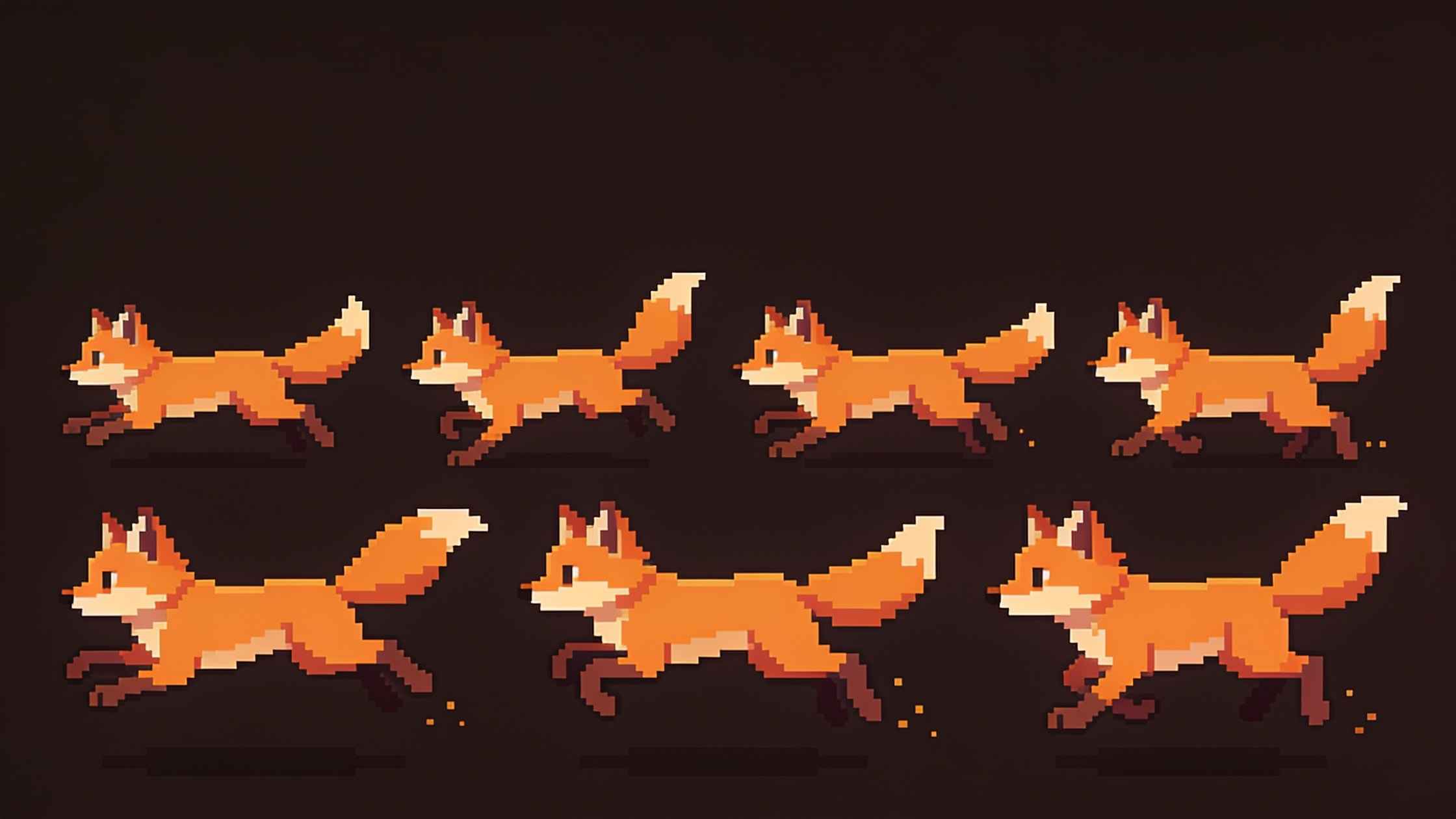Several animation frames of the pixel fox running and jumping
