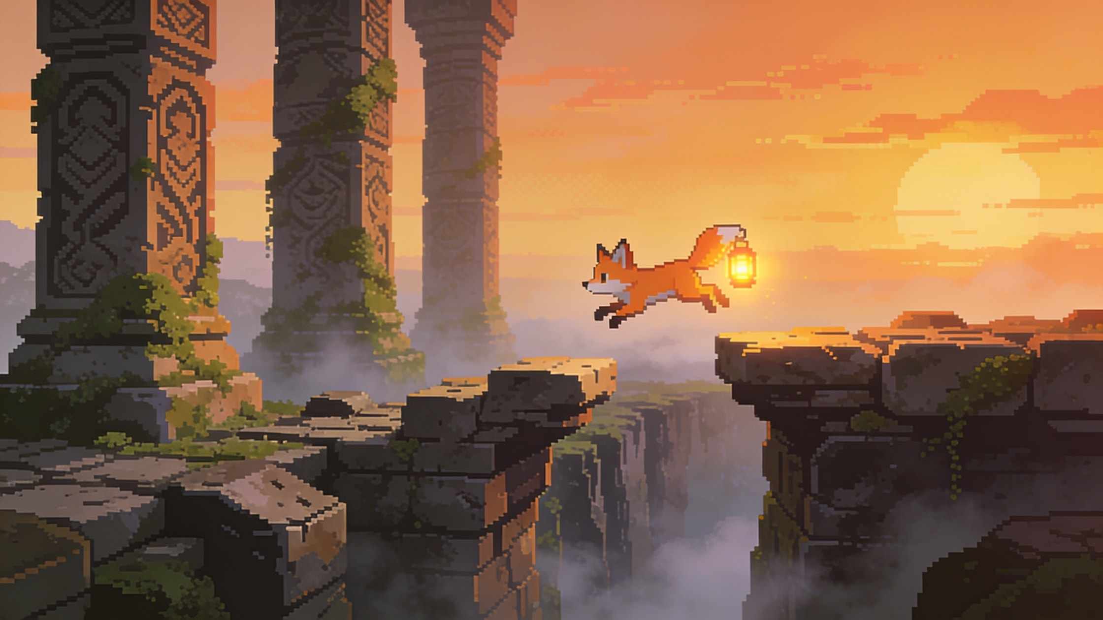 Jumping between crumbling ruins over a misty chasm at sunset