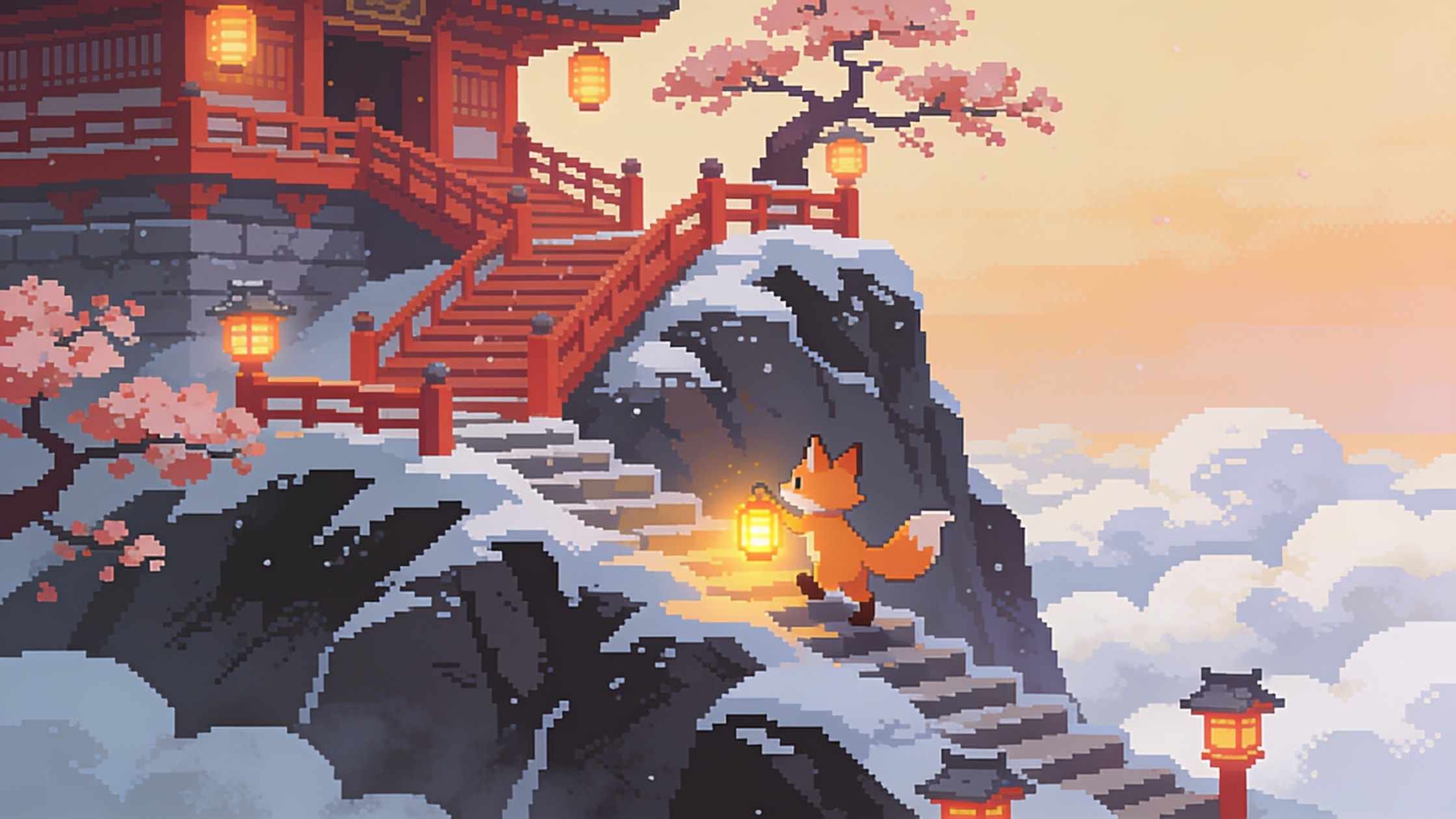 A snowy mountain temple with red bridges above the clouds