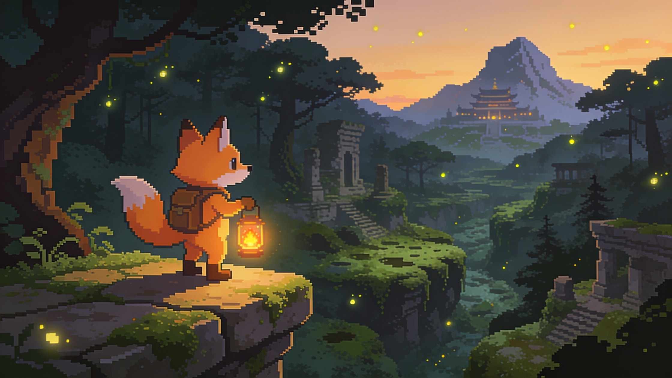 The fox with its lantern above the forest valley at dusk